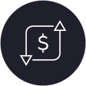 Dollar sign with arrows around it icon in a black circle